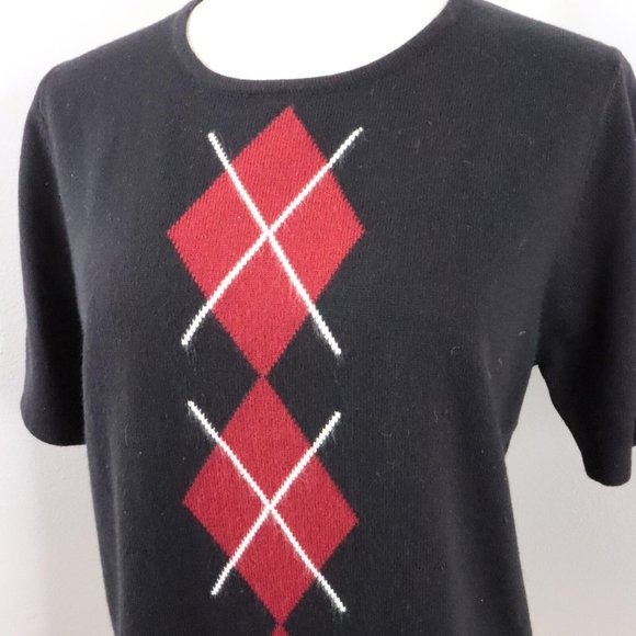 Sag Harbor Women's M Vintage Black Argyle Diamond Short Sleeve Acrylic Sweater - Picture 4 of 6